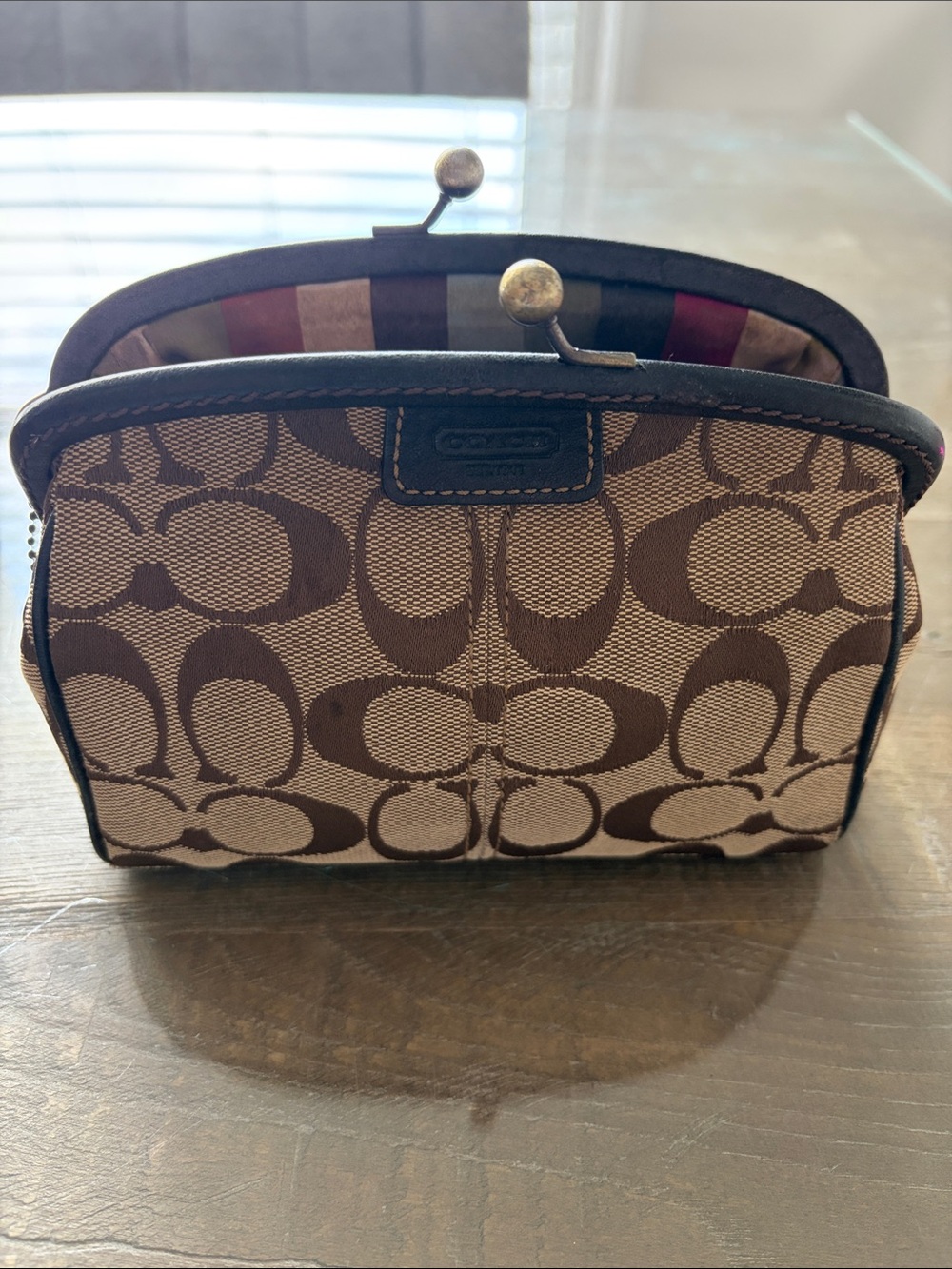 Coach Brown Signature Canvas Kisslock Cosmetic Pouch